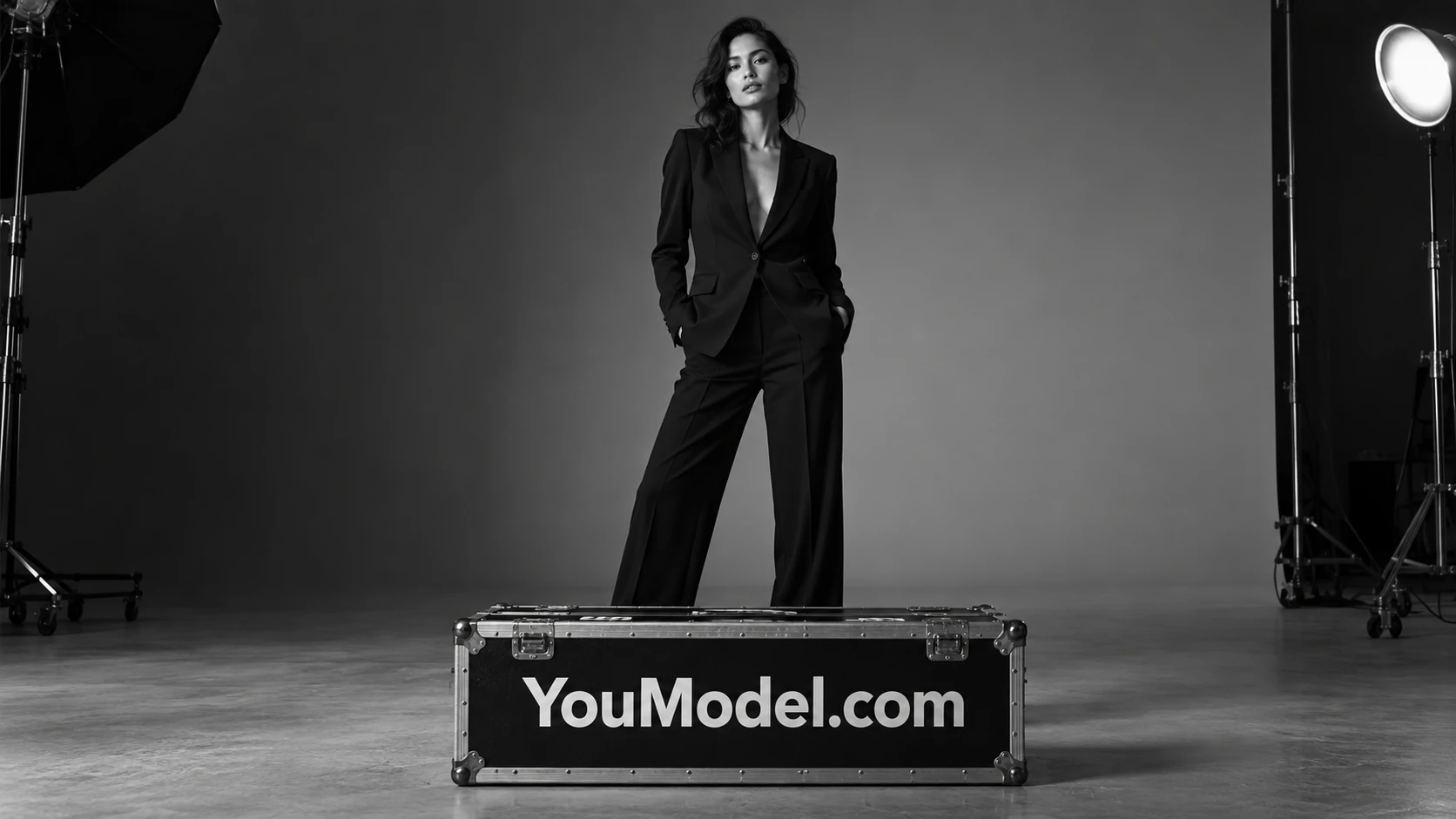 An adult model in a monochrome photography studio with a YouModel.com portfolio case